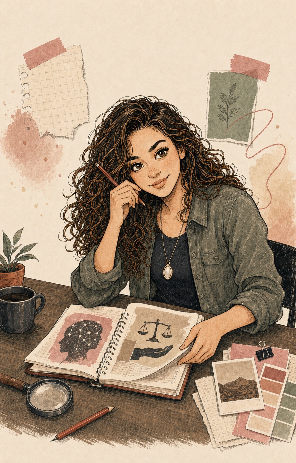 Caricatura de Marcela escribiendo en su cuaderno